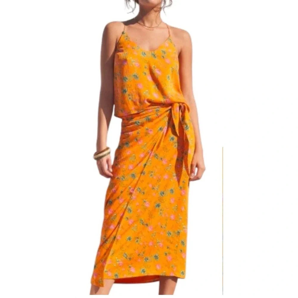Anthropologie Orange Floral 2 Piece Set Cami Top Size 4 Wrap Midi Skirt Size 6